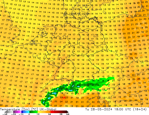 Sıcaklık Haritası (2m) UK-Global Sa 28.05.2024 18 UTC