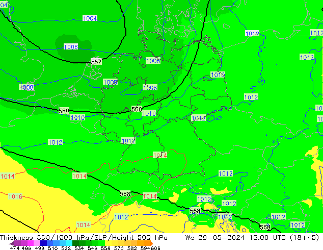 Espesor 500-1000 hPa UK-Global mié 29.05.2024 15 UTC