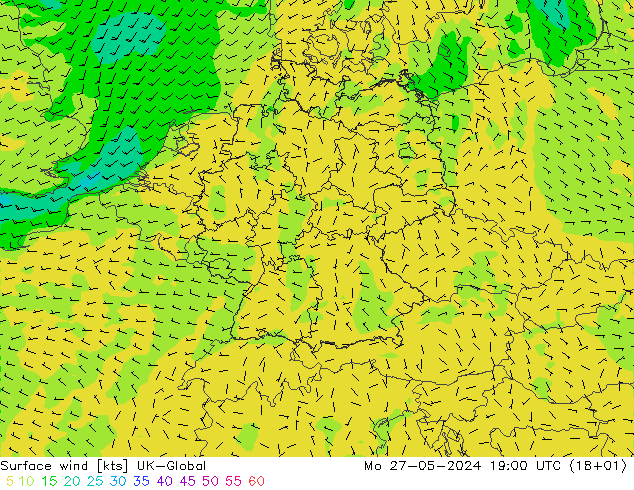 Surface wind UK-Global Mo 27.05.2024 19 UTC
