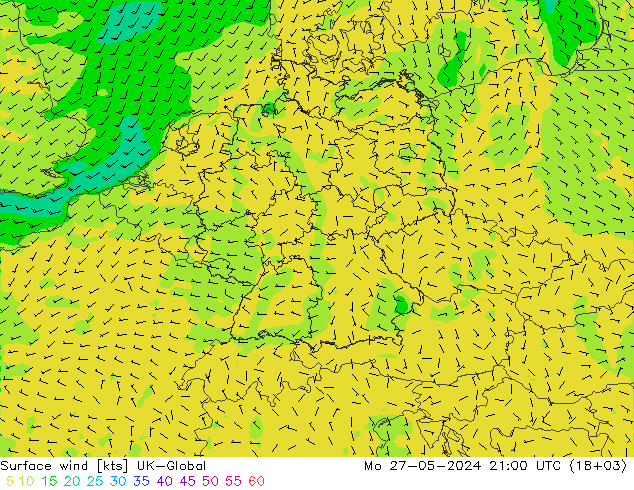 Surface wind UK-Global Mo 27.05.2024 21 UTC