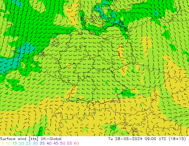 Wind 10 m UK-Global di 28.05.2024 09 UTC