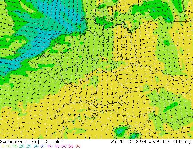 Surface wind UK-Global We 29.05.2024 00 UTC