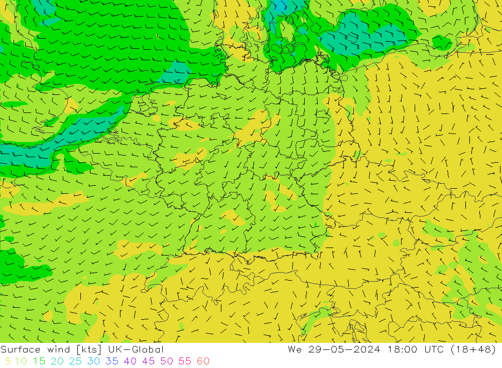 Surface wind UK-Global We 29.05.2024 18 UTC