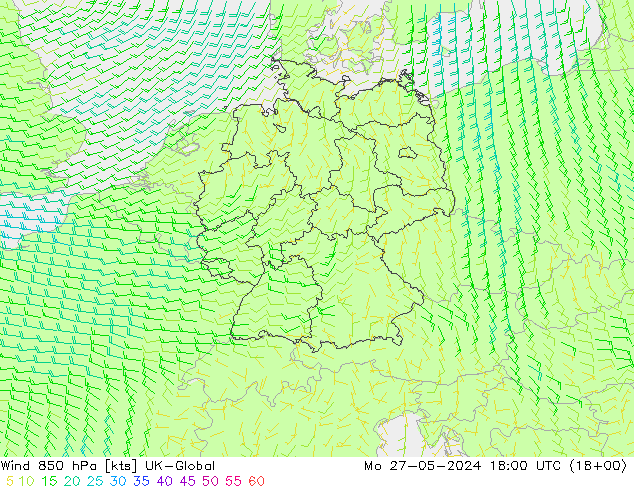 Wind 850 hPa UK-Global Mo 27.05.2024 18 UTC