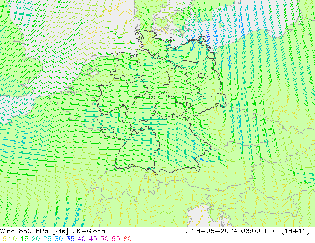 Wind 850 hPa UK-Global Tu 28.05.2024 06 UTC