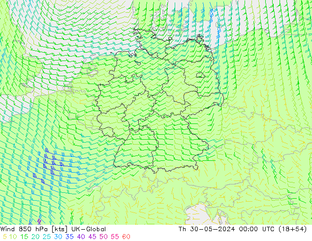 Wind 850 hPa UK-Global Th 30.05.2024 00 UTC