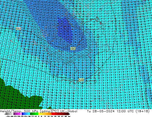 Height/Temp. 500 hPa UK-Global Út 28.05.2024 12 UTC