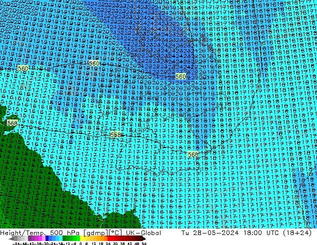 Height/Temp. 500 hPa UK-Global mar 28.05.2024 18 UTC