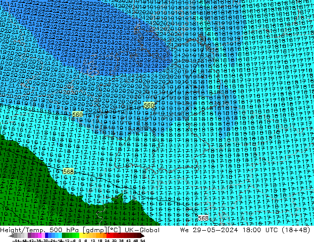 Géop./Temp. 500 hPa UK-Global mer 29.05.2024 18 UTC