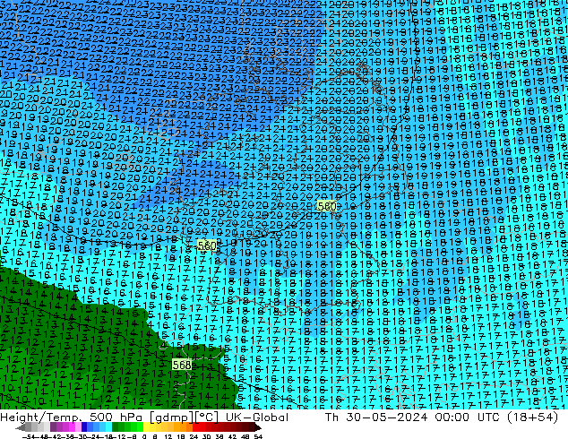 Height/Temp. 500 hPa UK-Global Qui 30.05.2024 00 UTC