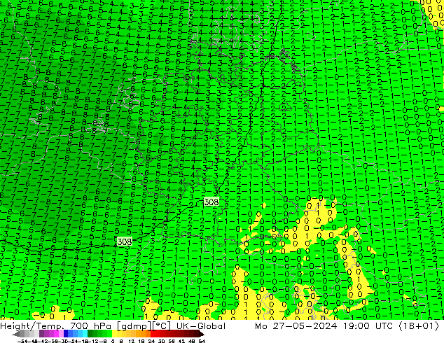 Height/Temp. 700 hPa UK-Global Mo 27.05.2024 19 UTC