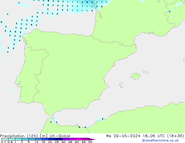 Precipitazione (12h) UK-Global mer 29.05.2024 06 UTC