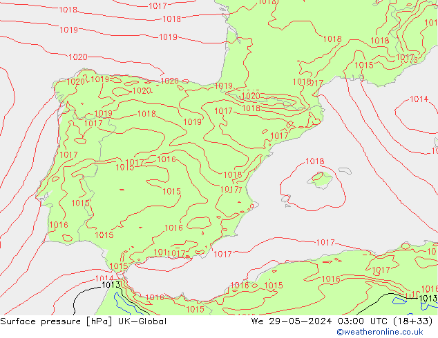 Atmosférický tlak UK-Global St 29.05.2024 03 UTC