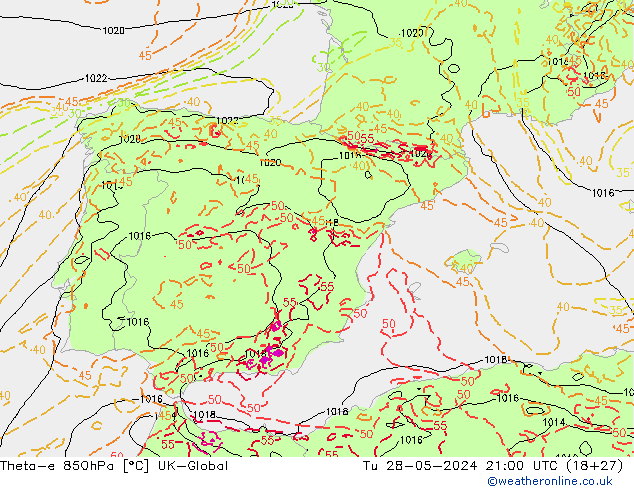 Theta-e 850hPa UK-Global Sa 28.05.2024 21 UTC