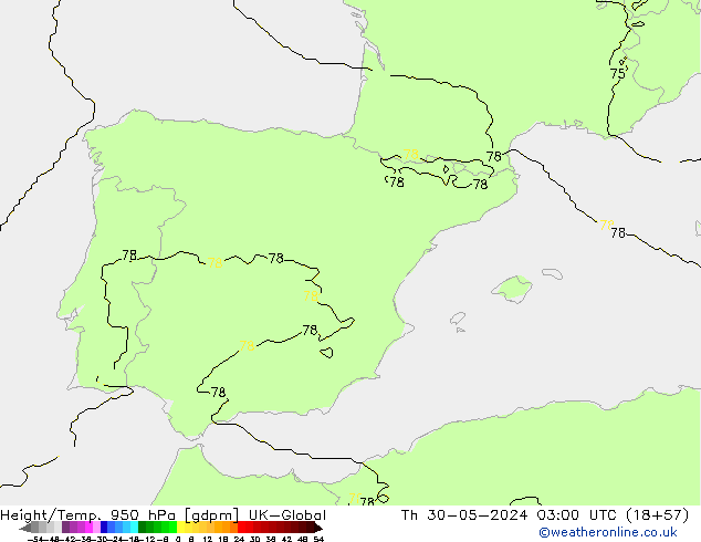 Height/Temp. 950 hPa UK-Global Th 30.05.2024 03 UTC