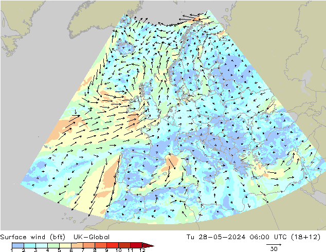 Surface wind (bft) UK-Global Út 28.05.2024 06 UTC