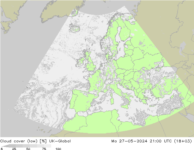 Cloud cover (low) UK-Global Mo 27.05.2024 21 UTC