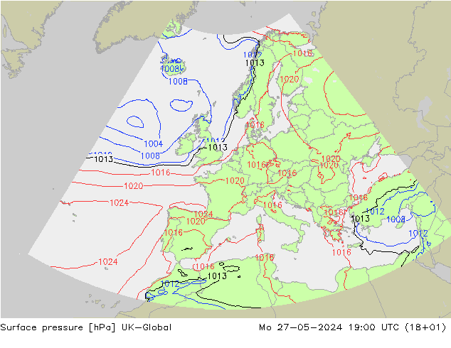 Atmosférický tlak UK-Global Po 27.05.2024 19 UTC