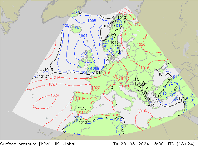 Surface pressure UK-Global Tu 28.05.2024 18 UTC