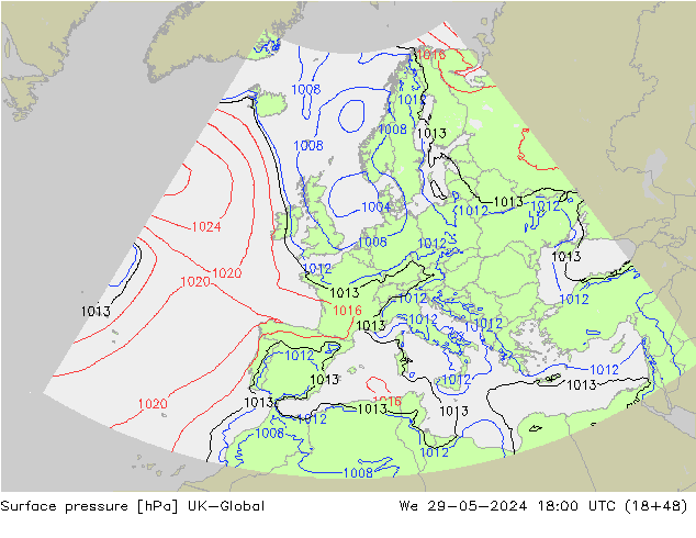 Pressione al suolo UK-Global mer 29.05.2024 18 UTC