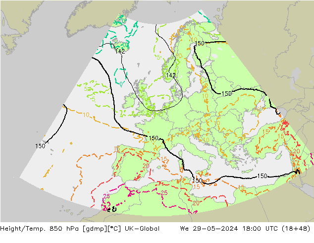 Height/Temp. 850 hPa UK-Global Mi 29.05.2024 18 UTC