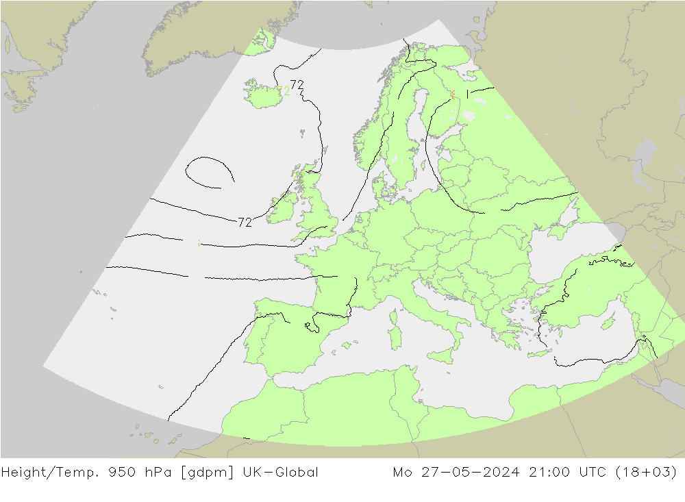 Height/Temp. 950 hPa UK-Global Mo 27.05.2024 21 UTC