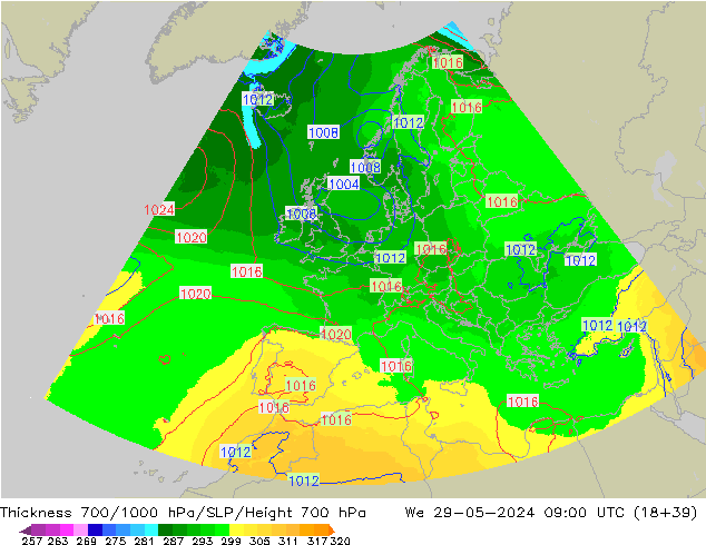 Thck 700-1000 hPa UK-Global  29.05.2024 09 UTC