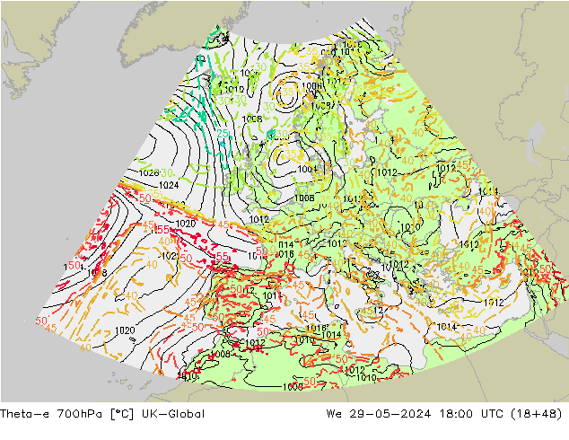 Theta-e 700hPa UK-Global We 29.05.2024 18 UTC