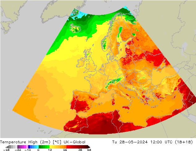 Max.temperatuur (2m) UK-Global di 28.05.2024 12 UTC