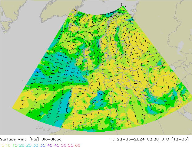 Viento 10 m UK-Global mar 28.05.2024 00 UTC