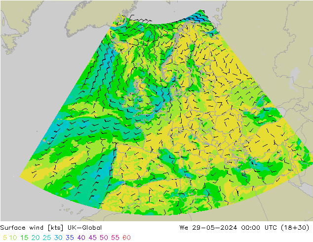 Vento 10 m UK-Global Qua 29.05.2024 00 UTC