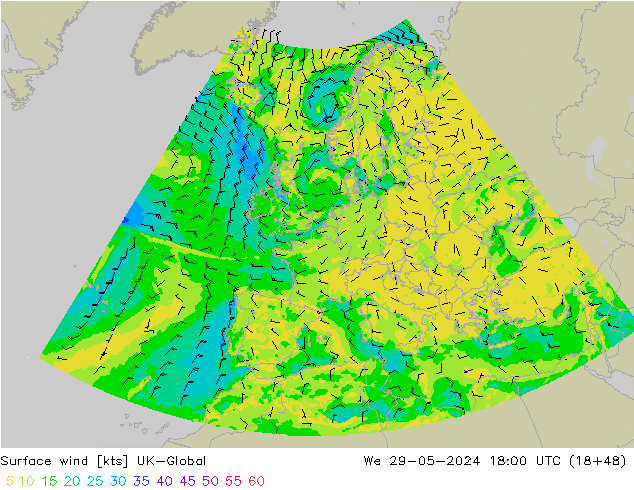 Rüzgar 10 m UK-Global Çar 29.05.2024 18 UTC