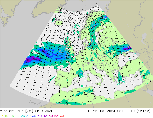 Wind 850 hPa UK-Global Di 28.05.2024 06 UTC