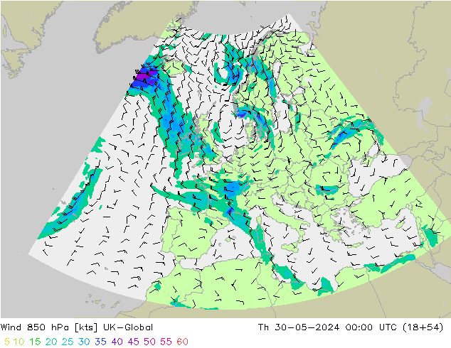 Wind 850 hPa UK-Global Th 30.05.2024 00 UTC