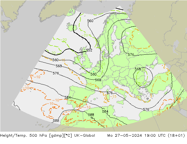 Height/Temp. 500 гПа UK-Global пн 27.05.2024 19 UTC