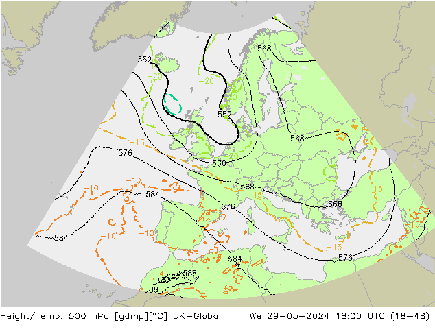 Height/Temp. 500 hPa UK-Global Mi 29.05.2024 18 UTC