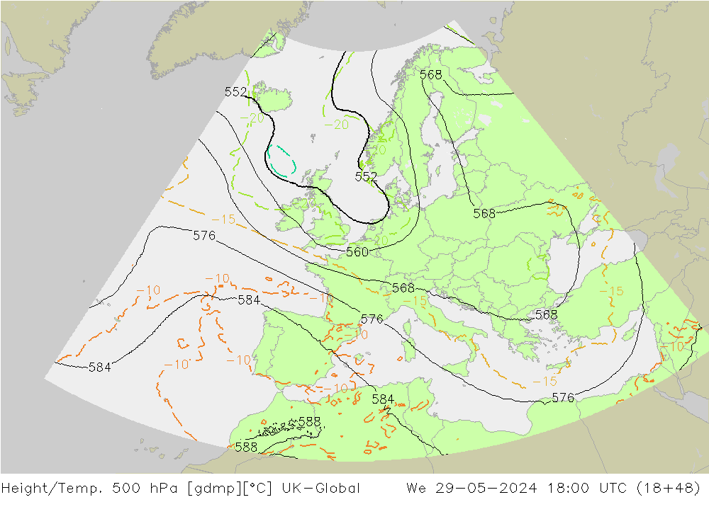 Height/Temp. 500 hPa UK-Global We 29.05.2024 18 UTC