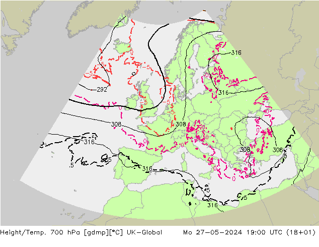 Height/Temp. 700 гПа UK-Global пн 27.05.2024 19 UTC