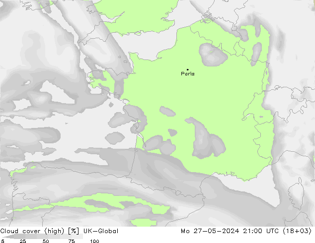 Cloud cover (high) UK-Global Mo 27.05.2024 21 UTC