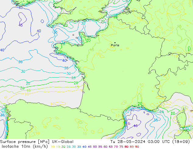 Isotachs (kph) UK-Global Tu 28.05.2024 03 UTC