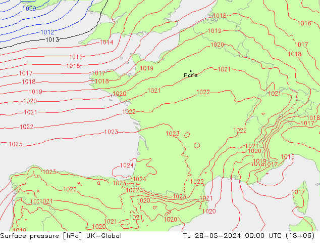 Surface pressure UK-Global Tu 28.05.2024 00 UTC