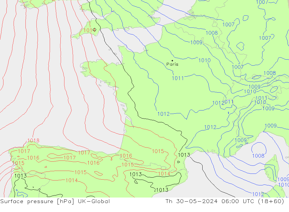 Surface pressure UK-Global Th 30.05.2024 06 UTC