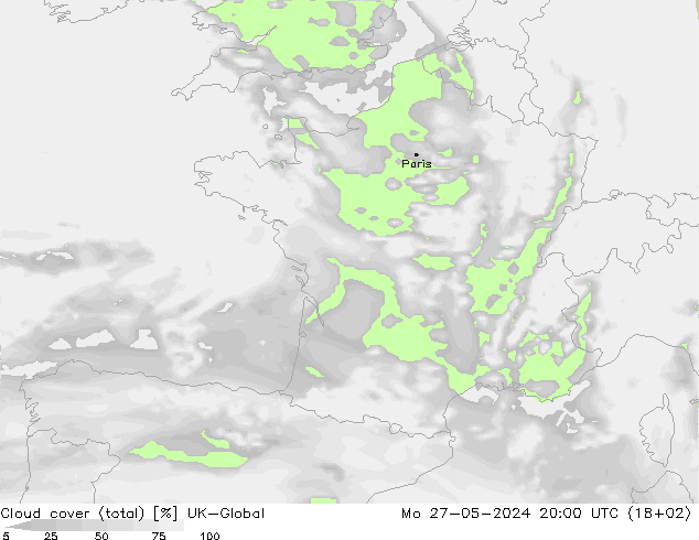 Nubes (total) UK-Global lun 27.05.2024 20 UTC