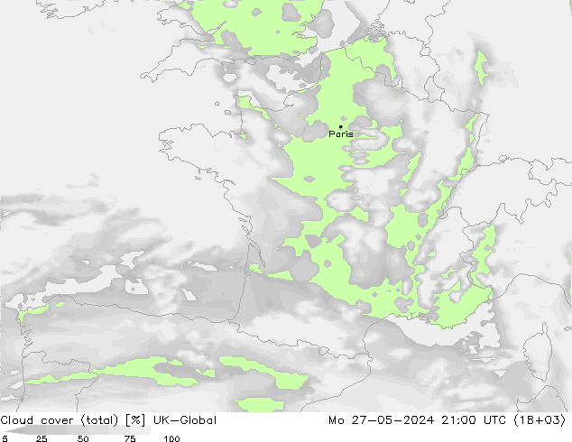 Cloud cover (total) UK-Global Po 27.05.2024 21 UTC