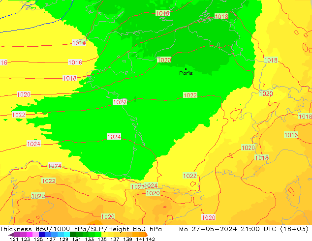 Dikte 850-1000 hPa UK-Global ma 27.05.2024 21 UTC