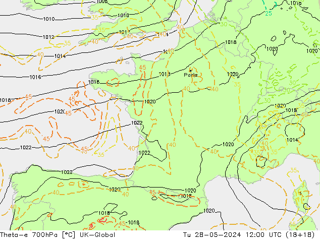 Theta-e 700hPa UK-Global Di 28.05.2024 12 UTC