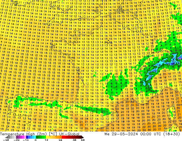 Nejvyšší teplota (2m) UK-Global St 29.05.2024 00 UTC