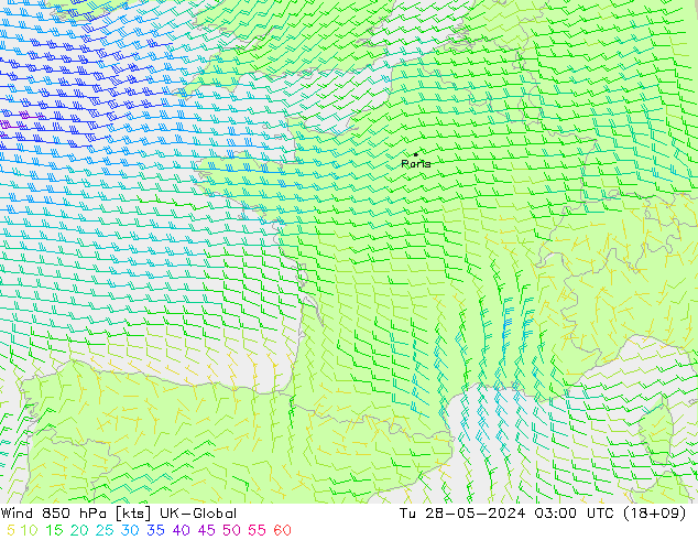 Wind 850 hPa UK-Global Tu 28.05.2024 03 UTC