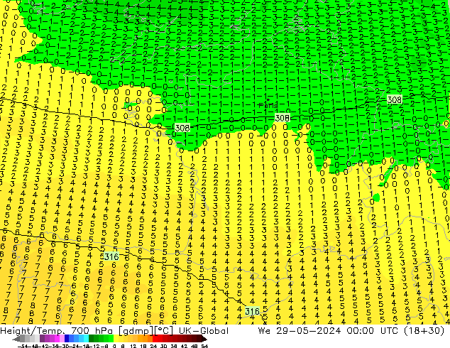 Height/Temp. 700 hPa UK-Global mer 29.05.2024 00 UTC