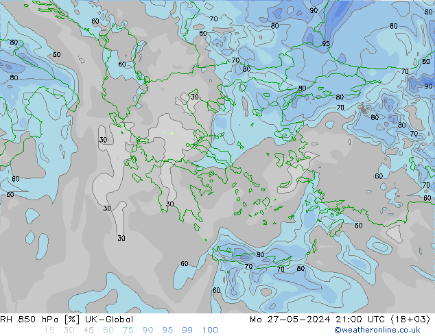 Humedad rel. 850hPa UK-Global lun 27.05.2024 21 UTC